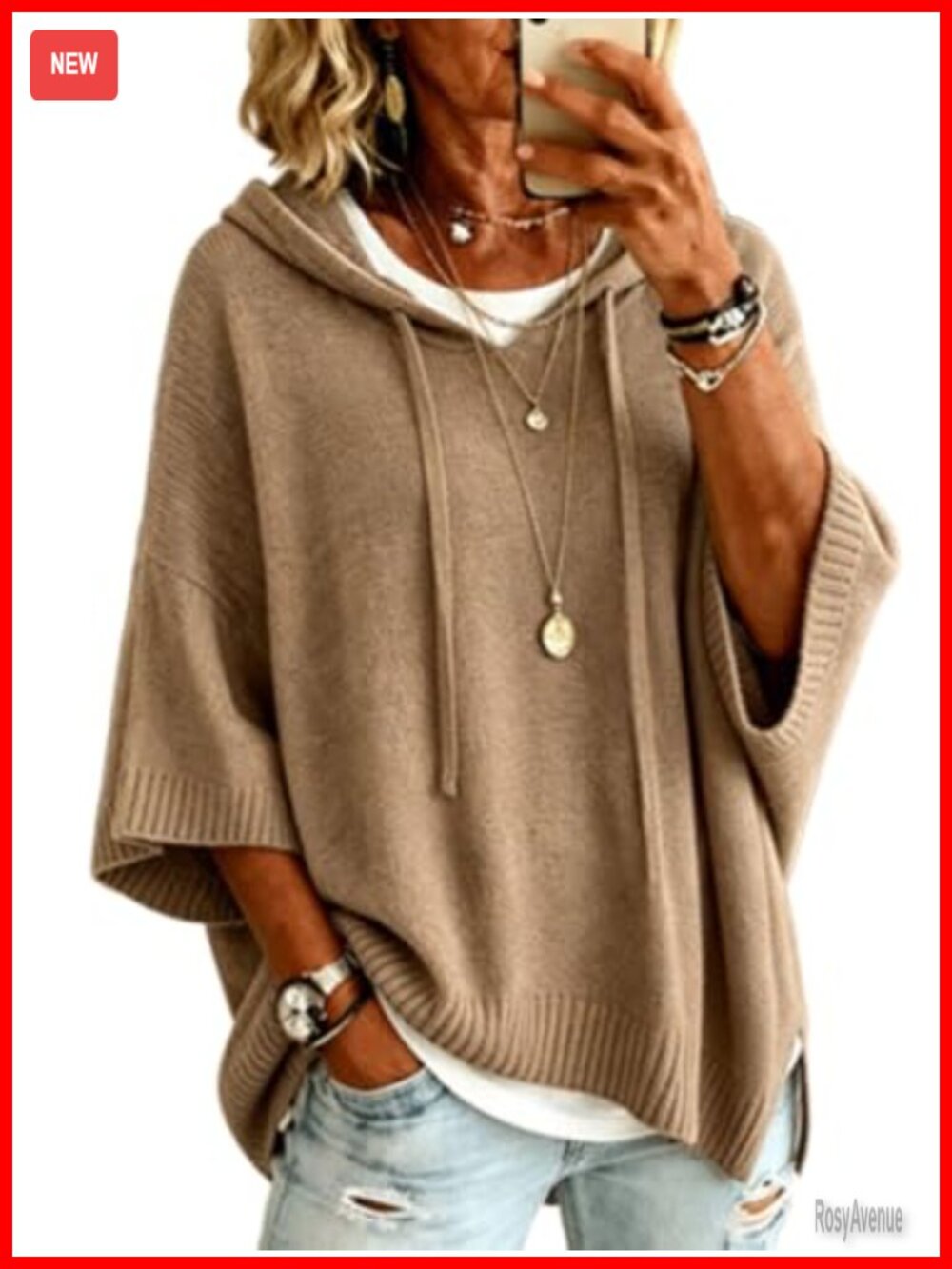 Hooded Sweater Women Oversized 3/4 Batwing Sleeve Knit Pullover Top